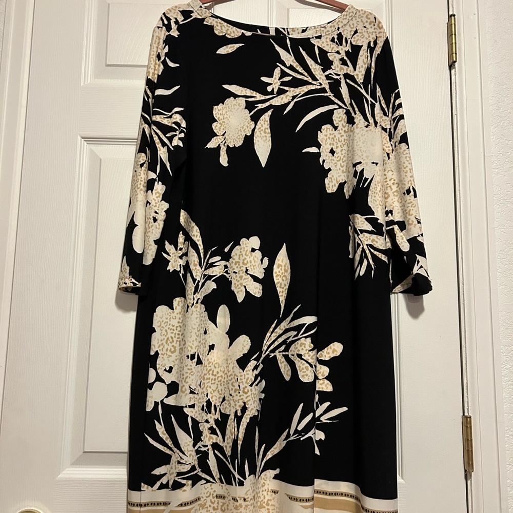 Chico's Black and Cream Floral Long Sleeve Dress, NWT, Sz 3